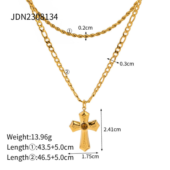 Wholesale Women's Double Layer Retro Fashion Cross Stainless Steel And Titanium Steel Necklace With Geometric Pattern And Electroplating Design