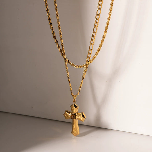 Wholesale Women's Double Layer Retro Fashion Cross Stainless Steel And Titanium Steel Necklace With Geometric Pattern And Electroplating Design