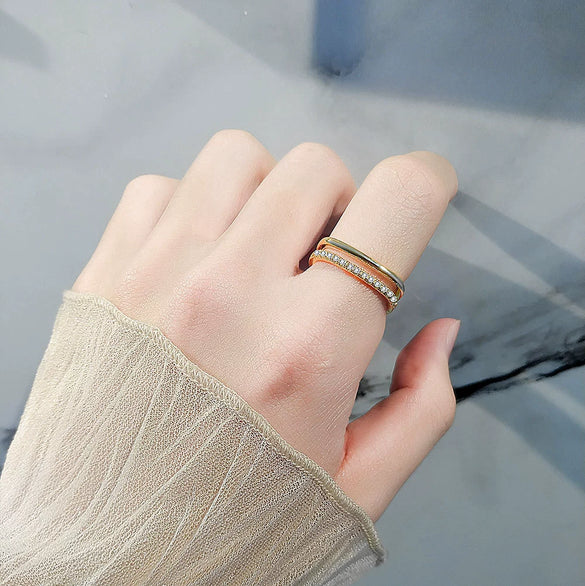 Wholesale Women's Double Layer Square Copper Zircon Finger Ring With Diamond Encrusted Geometric And Minimalist Style Electroplated