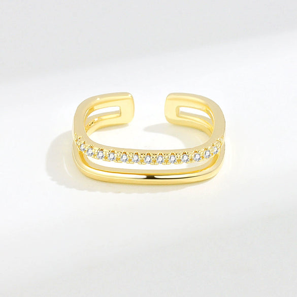 Wholesale Women's Double Layer Square Copper Zircon Finger Ring With Diamond Encrusted Geometric And Minimalist Style Electroplated