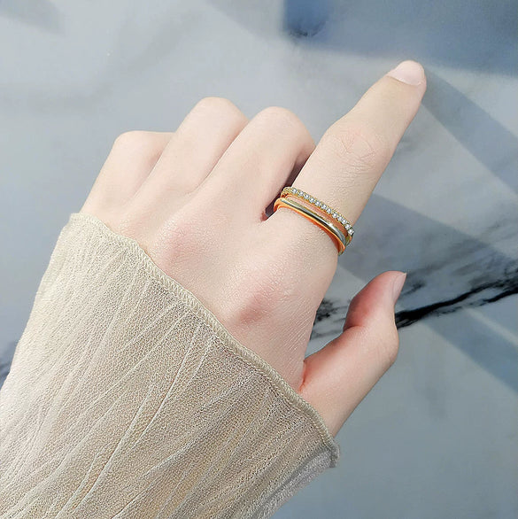 Wholesale Women's Double Layer Square Copper Zircon Finger Ring With Diamond Encrusted Geometric And Minimalist Style Electroplated