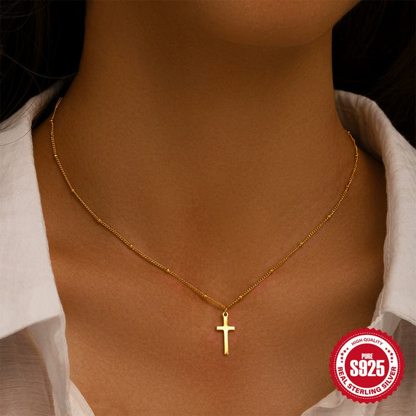 Wholesale Women's Double Layer Stacked Cross And Diamond Encrusted Double Pad Chain Necklace In S925 Sterling Silver With Electroplating