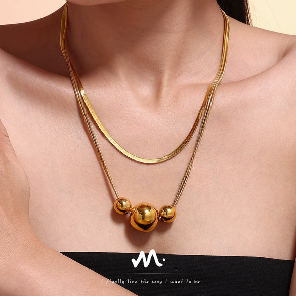 Wholesale Women's Double Layer Stacked Geometric Stainless Steel And Titanium Steel Electroplated Necklace Choker