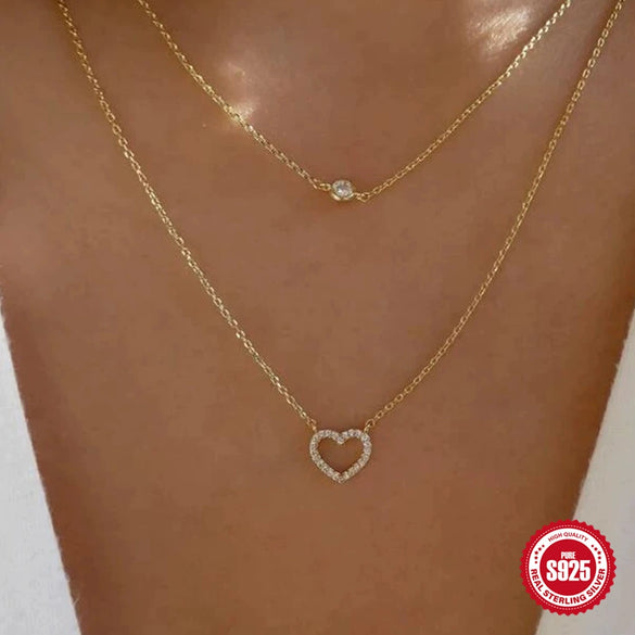 Wholesale Women's Double Layer Stacked S925 Sterling Silver Love Heart Pattern O Chain Necklace With Electroplating
