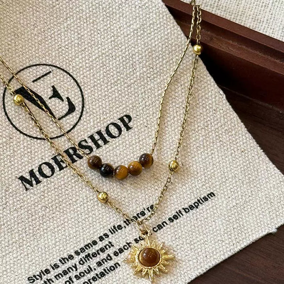 Wholesale Women's Double Layer Sunflower Tiger's Eye Necklace Handmade Light Luxury Clavicle Chain