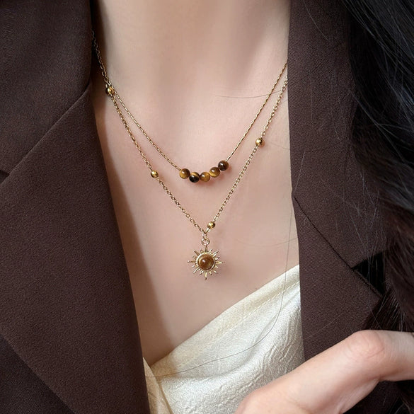 Wholesale Women's Double Layer Sunflower Tiger's Eye Necklace Handmade Light Luxury Clavicle Chain