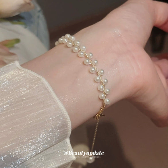 Wholesale Women's Double Row Imitation Pearl Handmade Geometric Woven Light Luxury Fashion Exquisite Bracelet