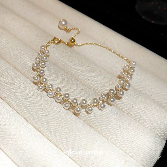 Wholesale Women's Double Row Imitation Pearl Handmade Geometric Woven Light Luxury Fashion Exquisite Bracelet