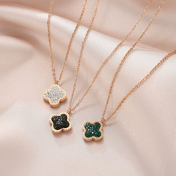 Wholesale Women's Double Sided Four Leaf Clover Necklace In Titanium Steel With 18K Rose Gold And Full Diamond