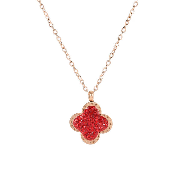 Wholesale Women's Double Sided Four Leaf Clover Necklace In Titanium Steel With 18K Rose Gold And Full Diamond