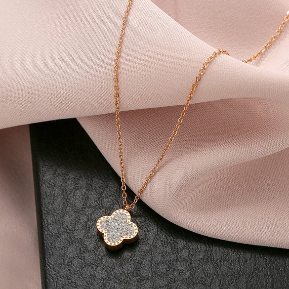 Wholesale Women's Double Sided Four Leaf Clover Necklace In Titanium Steel With 18K Rose Gold And Full Diamond