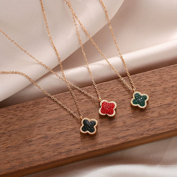 Wholesale Women's Double Sided Four Leaf Clover Necklace In Titanium Steel With 18K Rose Gold And Full Diamond