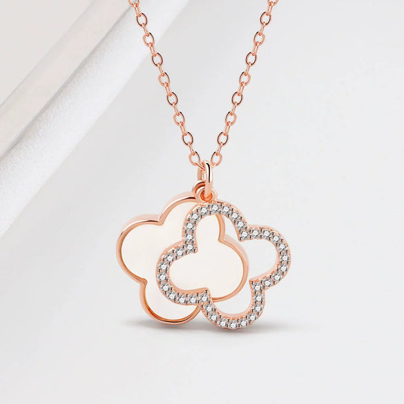 Wholesale Women's Double Sided Four Leaf White Fritillary 925 Sterling Silver Necklace With 18K Rose Gold Electroplated Finish