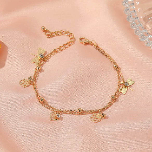 Wholesale Women's Doublelayer Anklet Copper With Flowers And Dragonfly Design