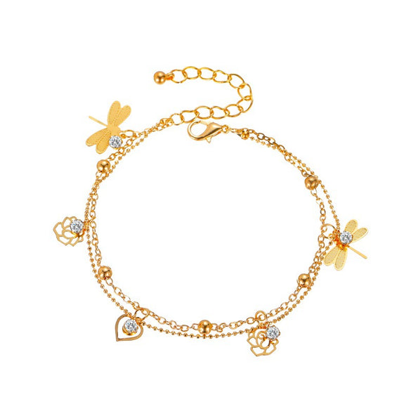 Wholesale Women's Doublelayer Anklet Copper With Flowers And Dragonfly Design