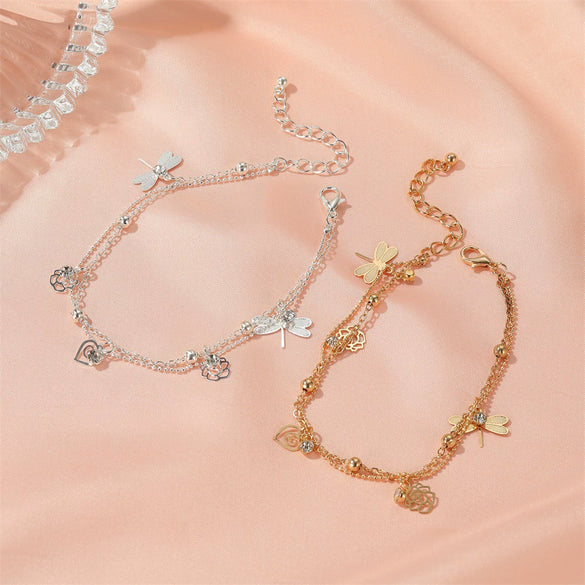 Wholesale Women's Doublelayer Anklet Copper With Flowers And Dragonfly Design