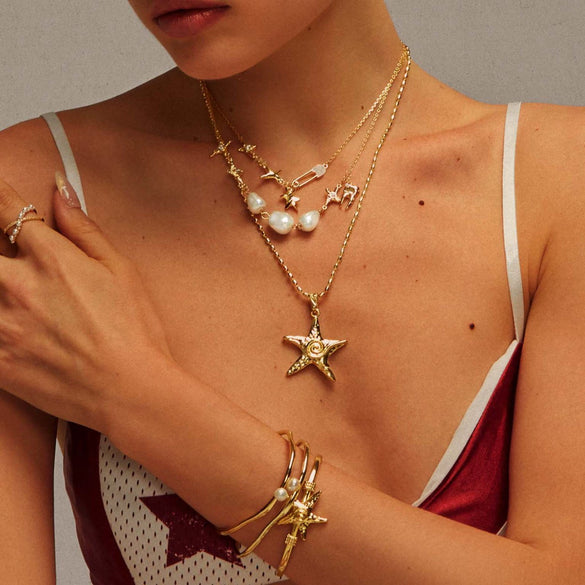 Wholesale Women's Doublelayer Asymmetrical Pearl Light Zircon Necklace With Geometric Pattern Copper Chain And Titanium Steel Pendant Electroplated In 18K Gold Color Preservation