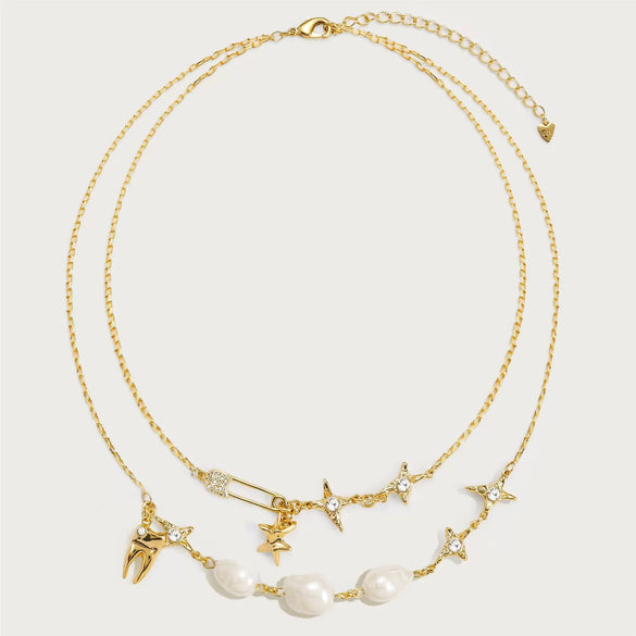 Wholesale Women's Doublelayer Asymmetrical Pearl Light Zircon Necklace With Geometric Pattern Copper Chain And Titanium Steel Pendant Electroplated In 18K Gold Color Preservation