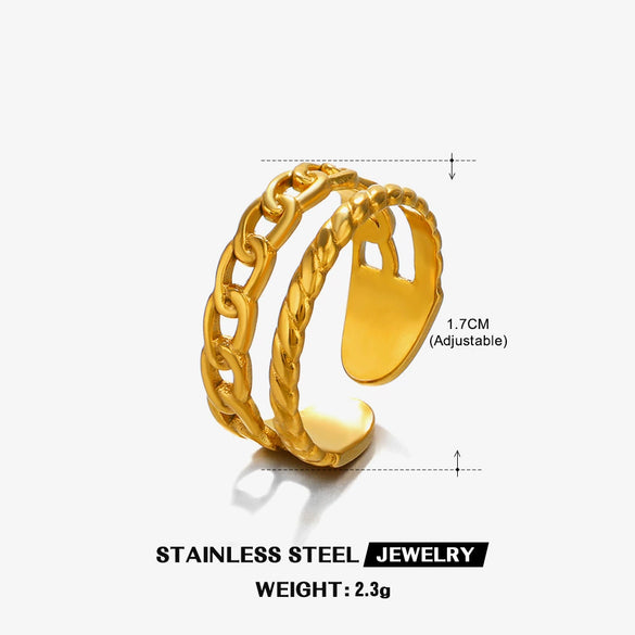 Wholesale Women's Doublelayer Chain Opening Adjustable Geometric Stainless Steel 18K Goldplated Ring