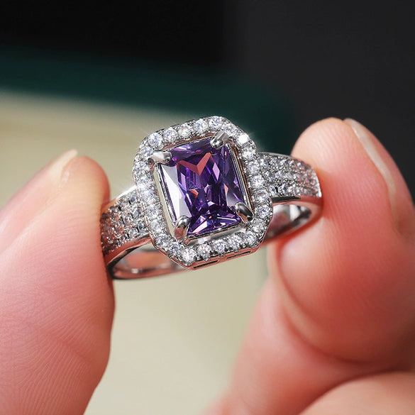 Wholesale Women's Doublelayer Claw Inlaid Square Zircon And Topaz Purple Diamond Ring Copper Geometric Style