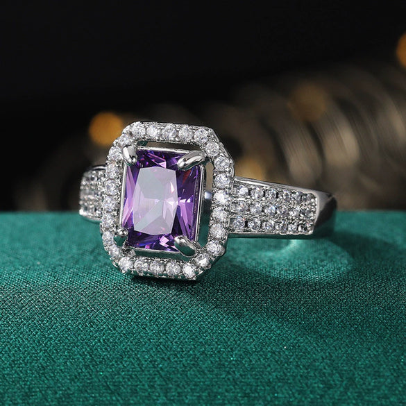 Wholesale Women's Doublelayer Claw Inlaid Square Zircon And Topaz Purple Diamond Ring Copper Geometric Style