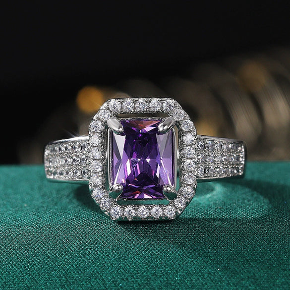 Wholesale Women's Doublelayer Claw Inlaid Square Zircon And Topaz Purple Diamond Ring Copper Geometric Style