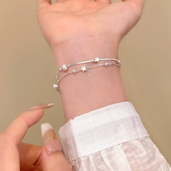 Wholesale Women's Doublelayer Copper Frosted Ball Star Shape Electroplated Bracelet
