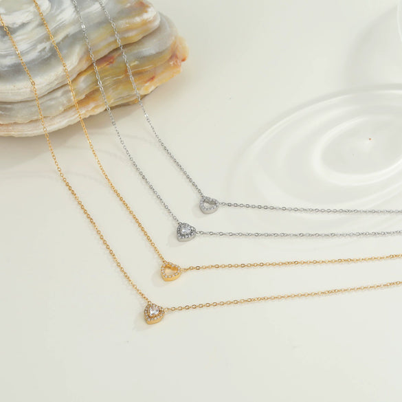 Wholesale Women's Doublelayer Geometric Heart Stainless Steel Zircon Necklace 18K Gold Plated