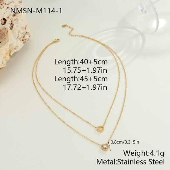 Wholesale Women's Doublelayer Geometric Heart Stainless Steel Zircon Necklace 18K Gold Plated