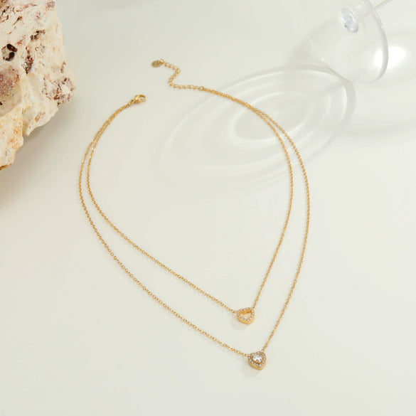 Wholesale Women's Doublelayer Geometric Heart Stainless Steel Zircon Necklace 18K Gold Plated