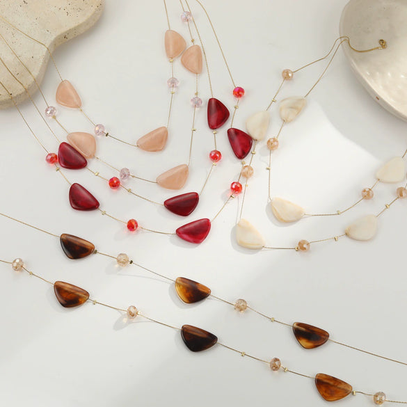 Wholesale Women's Doublelayer Geometric Resin And 18K Gold Electroplated Heart Crystal Sweater Necklace