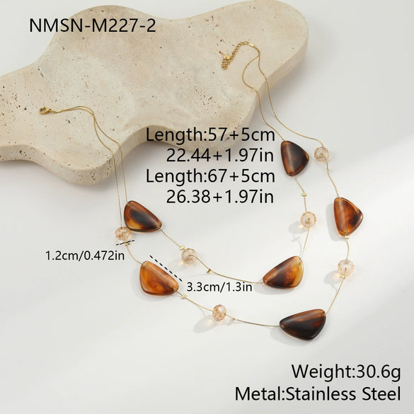 Wholesale Women's Doublelayer Geometric Resin And 18K Gold Electroplated Heart Crystal Sweater Necklace