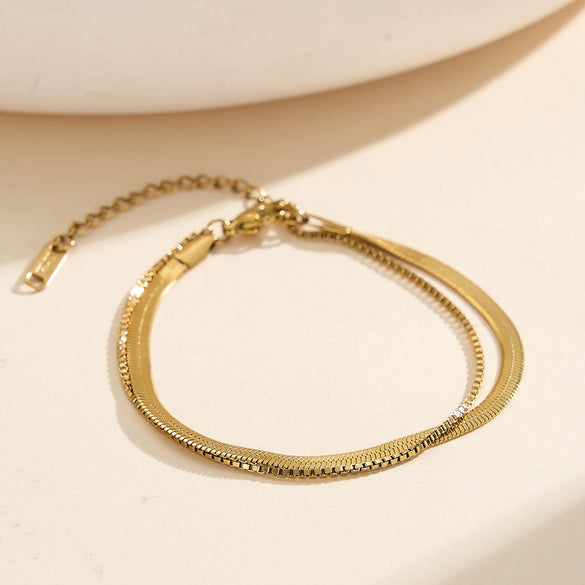 Wholesale Women's Doublelayer Geometric Snake Bone Box Chain Stainless Steel Bracelet With Real Gold Plating And Original Design