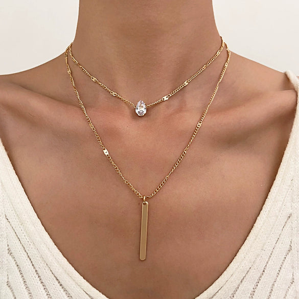 Wholesale Women's Doublelayer Ins Style Simple Square Pendant Stacked Clavicle Chain Necklace Alloy Geometric Electroplating