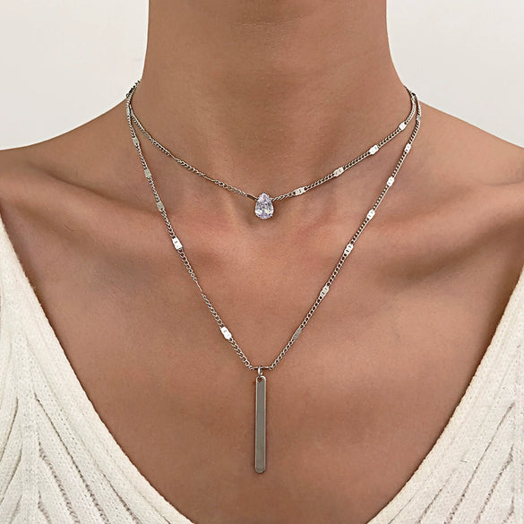 Wholesale Women's Doublelayer Ins Style Simple Square Pendant Stacked Clavicle Chain Necklace Alloy Geometric Electroplating