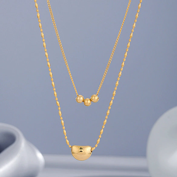 Wholesale Women's Doublelayer Moon Pendant Necklace With 3 Round Beads Geometric Design 18K Goldplated Stainless Steel And Titanium Steel Oshaped Chain