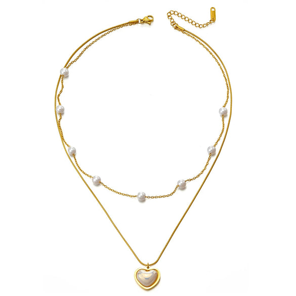 Wholesale Women's Doublelayer Pearl Stainless Steel 18K Gold Plated Heartshaped Necklace