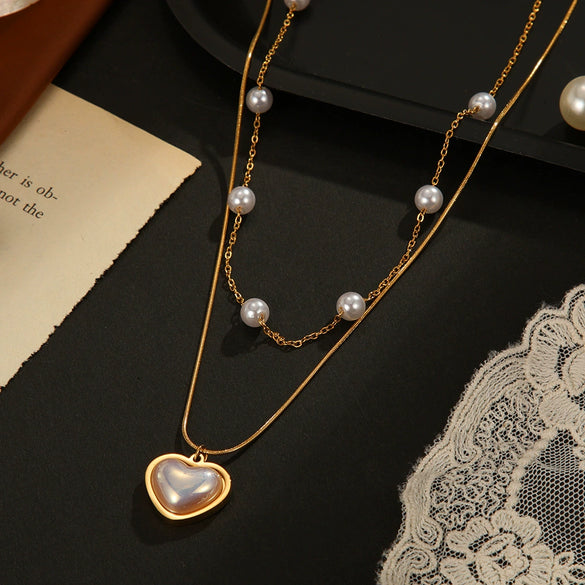 Wholesale Women's Doublelayer Pearl Stainless Steel 18K Gold Plated Heartshaped Necklace