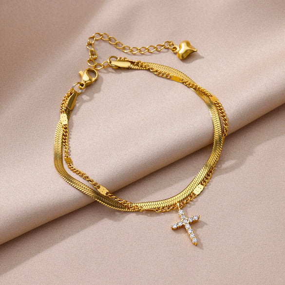 Wholesale Women's Doublelayer Stainless Steel Foot Chain With Geometric Cross Pendant