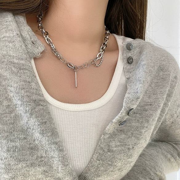 Wholesale Women's Doublelayer Thick And Thin Interspersed Square Chain Necklace With Alloy Material And Electroplating Treatment