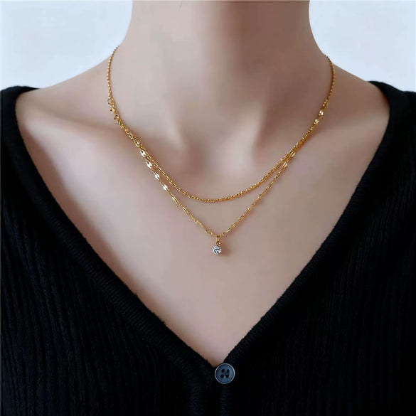 Wholesale Women's Doublelayer Ultrashiny Single Diamond Titanium Steel Drop Shape Electroplated Water Wave Chain Necklace Fashion Simple Minimalist Accessory
