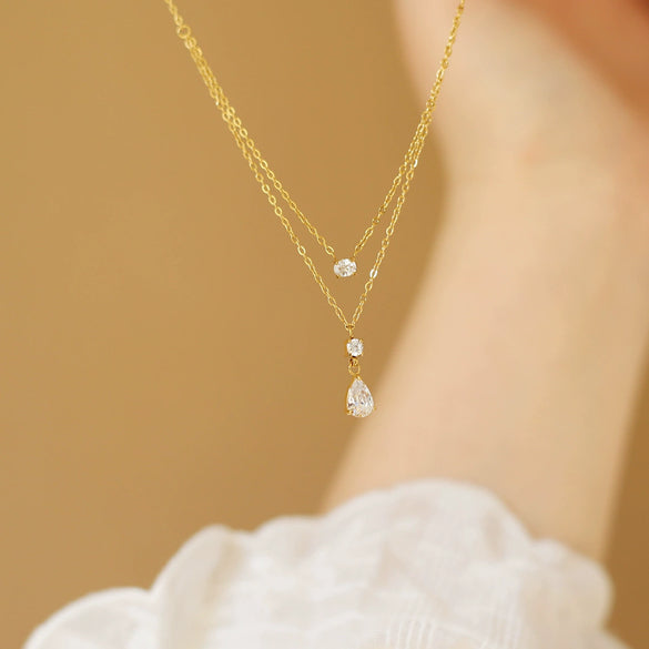 Wholesale Women's Doublelayer Water Drop Zircon Necklace With Geometric Shape And Flash O Chain Vacuum Electroplated In Furnace