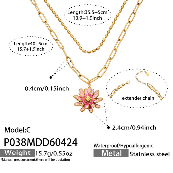 Wholesale Women's Doublelayered Collarbone Chain Necklace With Oildrip Daisy Flower And Geometric Pendant Stainless Steel 18K Gold Plated Light Luxury Style