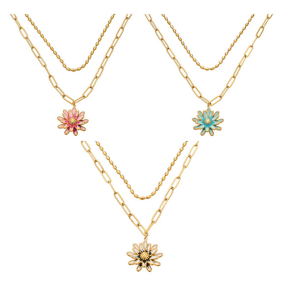 Wholesale Women's Doublelayered Collarbone Chain Necklace With Oildrip Daisy Flower And Geometric Pendant Stainless Steel 18K Gold Plated Light Luxury Style