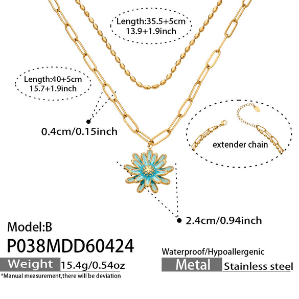 Wholesale Women's Doublelayered Collarbone Chain Necklace With Oildrip Daisy Flower And Geometric Pendant Stainless Steel 18K Gold Plated Light Luxury Style