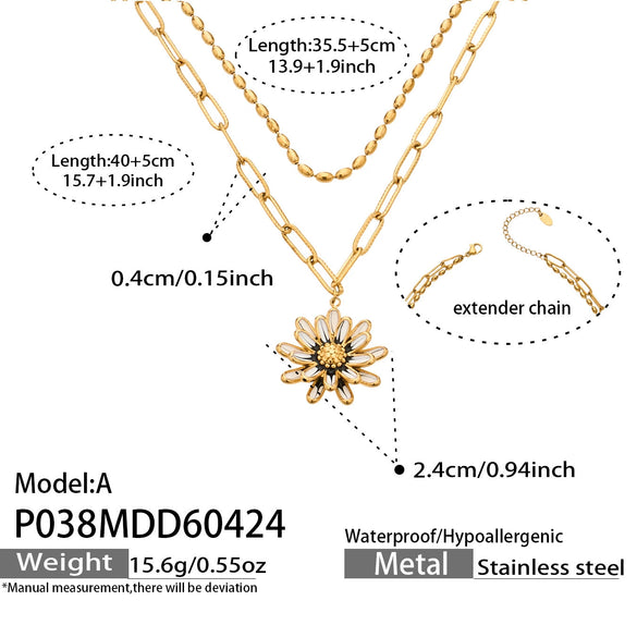 Wholesale Women's Doublelayered Collarbone Chain Necklace With Oildrip Daisy Flower And Geometric Pendant Stainless Steel 18K Gold Plated Light Luxury Style