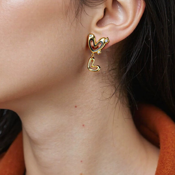 Wholesale Women's Doublelayered Heartshaped Stainless Steel Earrings With Pvd Furnace Vacuum Real Gold Plating