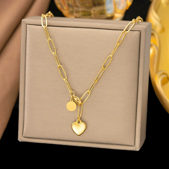 Wholesale Women's Doublelayered Long Necklace With Heart Shape Titanium Steel Pendant Real Gold Plated In The Furnace Oshaped Chain