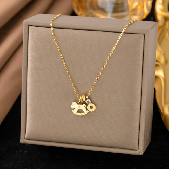 Wholesale Women's Doublelayered Long Necklace With Heart Shape Titanium Steel Pendant Real Gold Plated In The Furnace Oshaped Chain