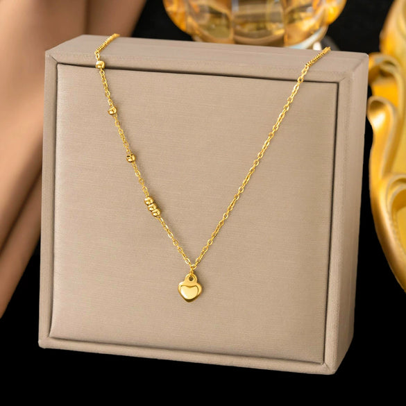 Wholesale Women's Doublelayered Long Necklace With Heart Shape Titanium Steel Pendant Real Gold Plated In The Furnace Oshaped Chain
